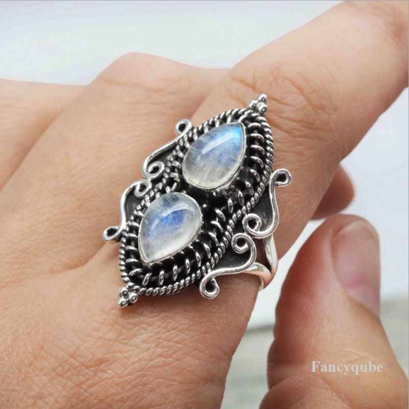 Wanita3batu Moonstone Oval Batu Permata Desainer Handmade Cincin