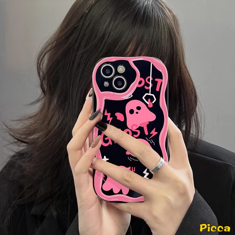 IPHONE Casing Ponsel 3D Wavy Curved Edge Glossy Shockproof Kompatibel Untuk Iphone11 13 12 14 Pro Max XR 78 6 6s Plus X XS Max SE 2020 Lucu Pink Soul Ghost Tpu Soft Cover