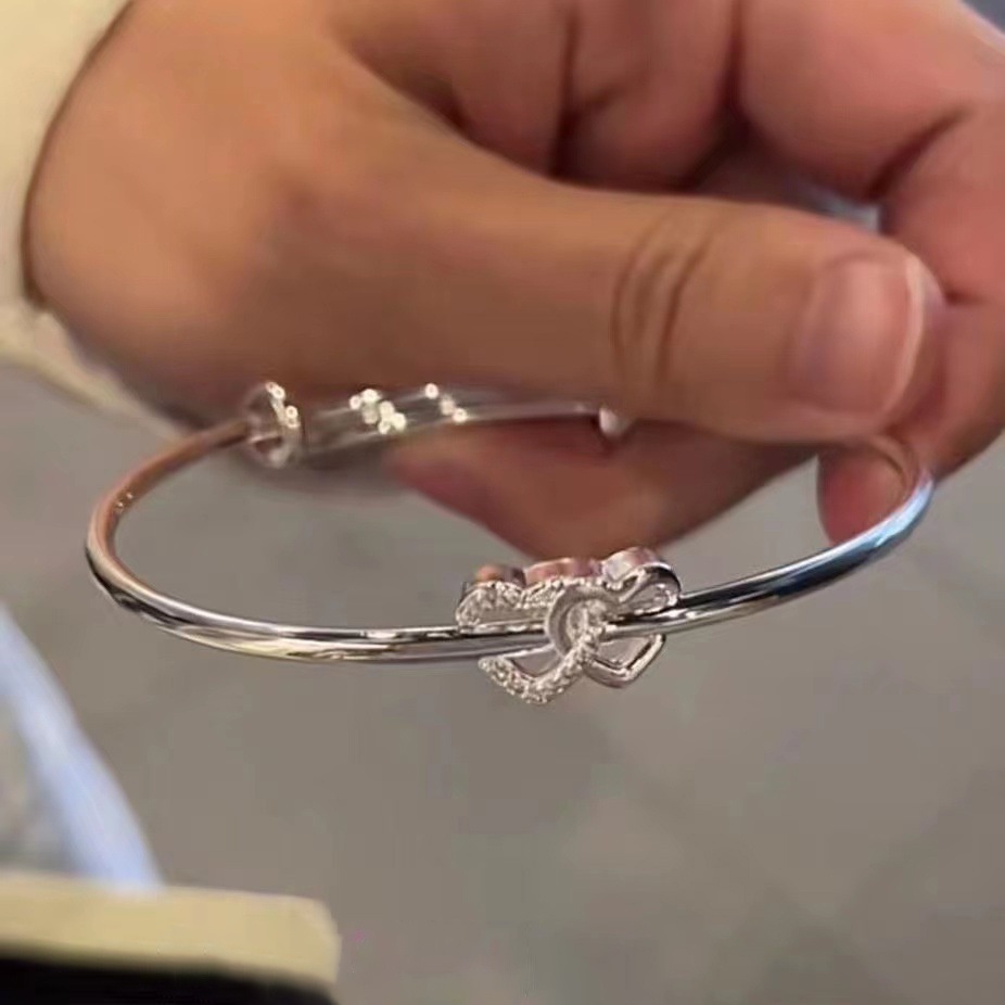 Ay (CN) Gelang Tangan Perak Ganda Hati Bangle Kristal Dapat Disesuaikan Untuk Aksesoris Perhiasan Wanita