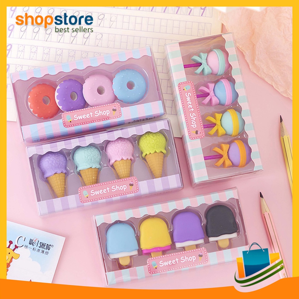 

Penghapus Pensil Import Karakter Sweet Shop Cone Lolipop Ice Cream Donut Set 4 COD 837