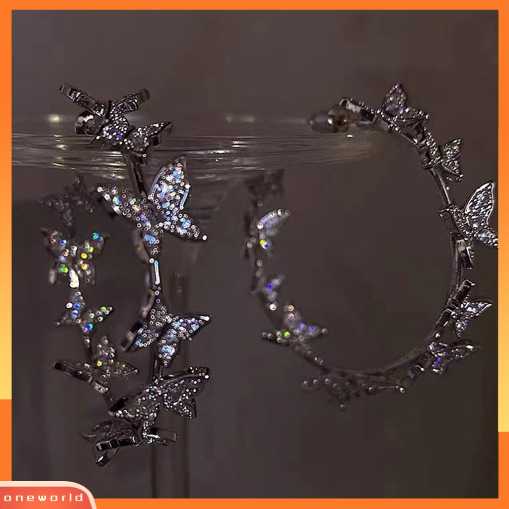 [ONE] 1pasang Liontin Anting Bulat Lingkaran Geometris Kupu-Kupu Dekorasi Berlian Imitasi Mengkilap Huggie Hoop Earrings Perhiasan Aksesoris