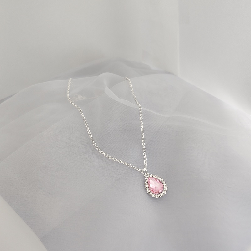 Rantai Kalung Zirkon Lucu Perak Pink Untuk Wanita Fashion Tetesan Air Bentuk Liontin Necklaces Jewelry