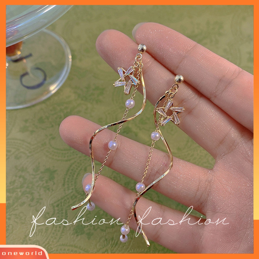 [EONE] 1pasang Women Drop Earrings Shiny Star Faux Pearl Panjang Rumbai Liontin Gaun Elegan Paduan Perhiasan Pesta Pernikahan Women Earrings Jewelry Hadiah Pakaian Pesta