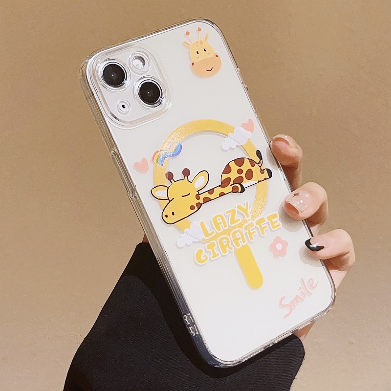 Untuk iPhone magnetic charge Case14 13 12 11 Pro Max Kartun Lucu Jerapah Transparan Soft case