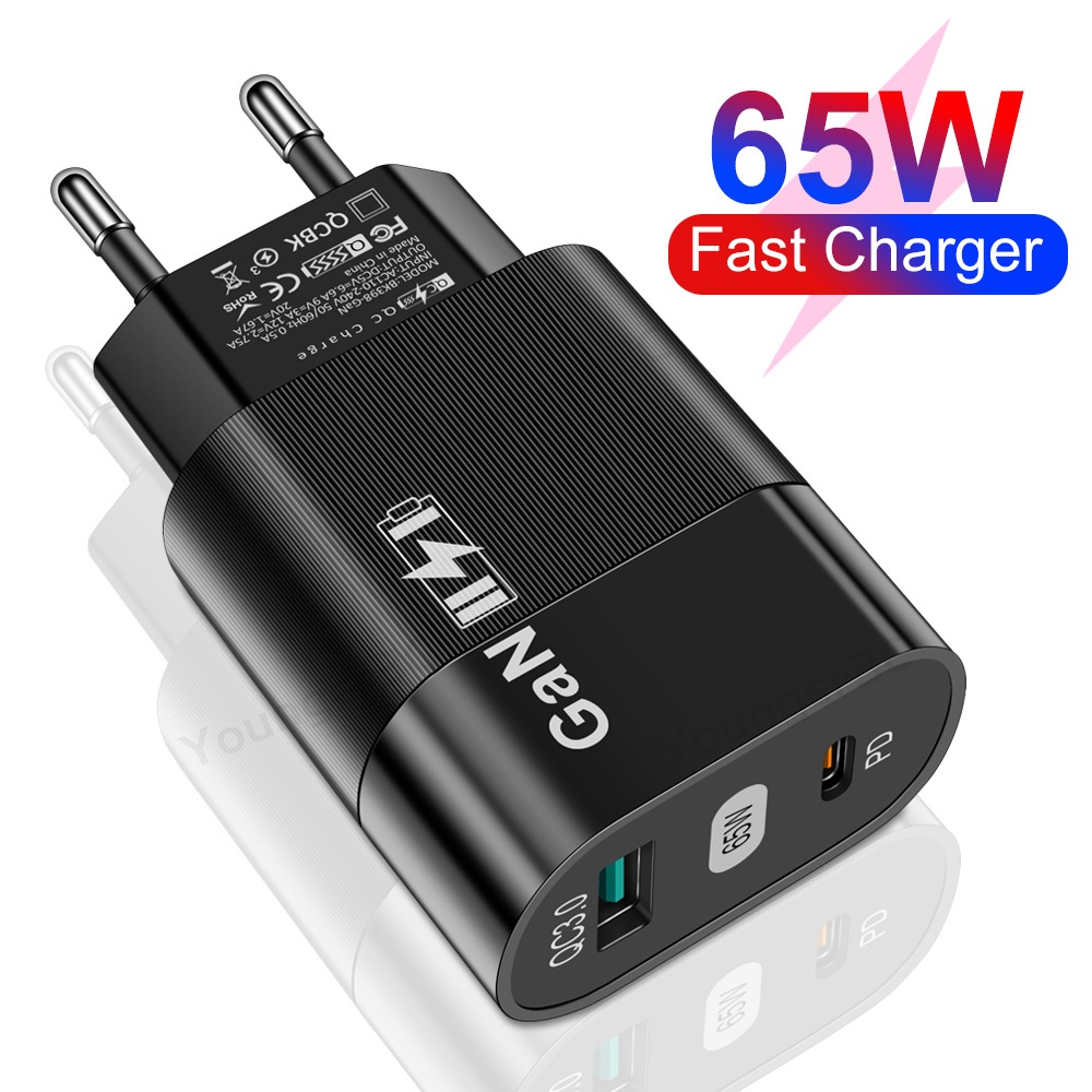 65w QC3.0+PD Gallium Nitride Power Adapter PD33W GaN Fast Charging Charger Handphone Untuk ios Android Tipe C