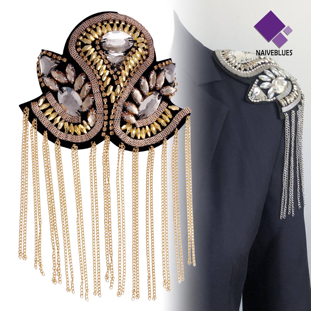 &lt; Naiveblues &gt; Epaulette Hias Buatan Tangan Berlian Imitasi Gaya Punk Retro Rumbai Papan Rantai Lencana Pakaian Dekorasi