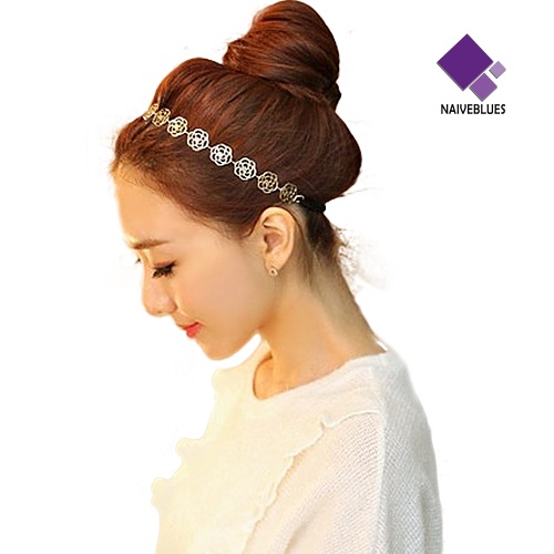 < Naiveblues > Lady Girl Fashion Sweet Metal Hollow Rose Karet Rambut Elastis
