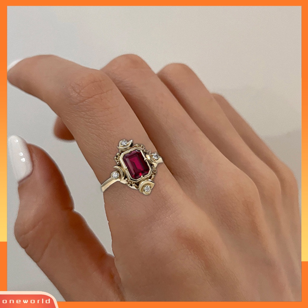 [EONE] Cincin Wanita Persegi Merah Perhiasan Permata Imitasi Electroplating Rhinestones Finger Ring Untuk Pernikahan