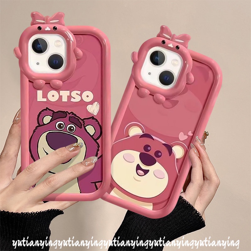 Casing Ponsel Lensa Monster Kecil Ikatan Simpul 3D Kompatibel Untuk iPhone XR XS X Max11 7Plus 11 12 14 13 Pro Max 7 8 6s 6 Plus SE 2020 Kartun Cute Manyo Strawberry Bear Soft Back Cover