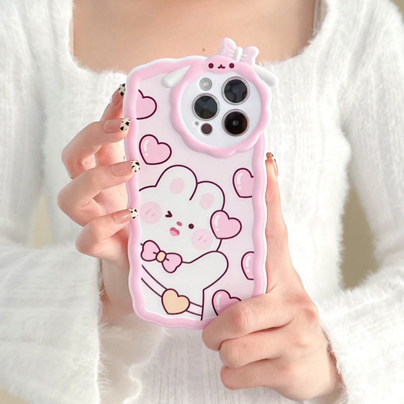 【Lamb Style】Pink Lucky Bunny Soft TPU Case HP iP iPhone 11 12 13 14 Pro Max 7 8 + Plus SE 2020 X XS XR Max Girl Woman FTD Casing Apple