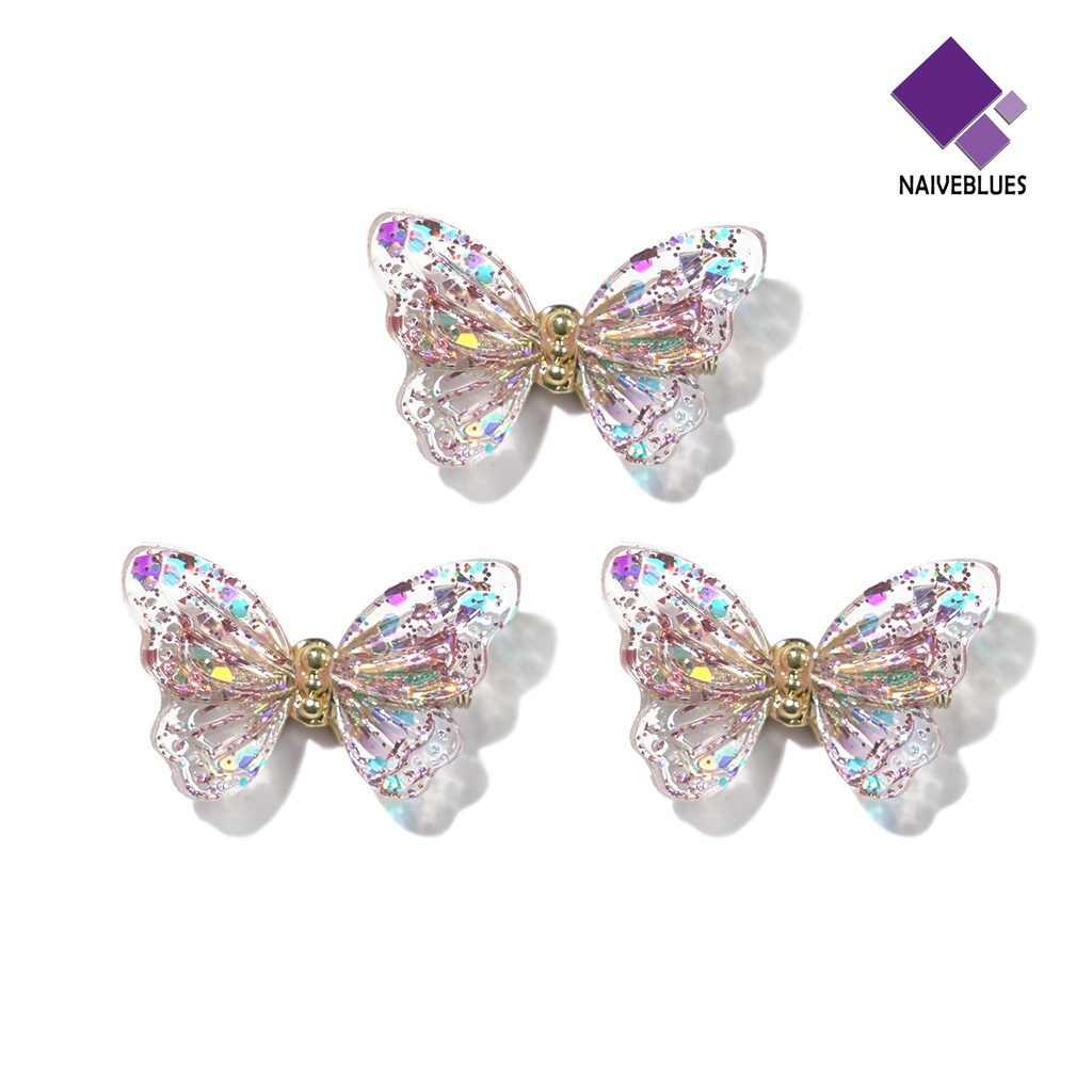 [naiveblues] 3pcs Ornamen Kuku Bentuk Indah Tahan Air Eye-catching Butterfly Art Ornamen Desain Tips Kuku