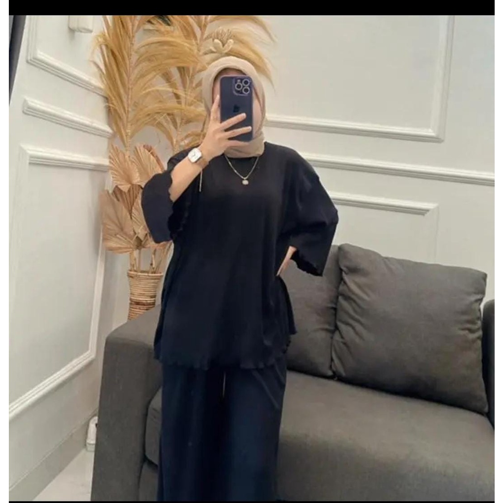 BEFAST - ZEC OOTD ONESET RENA / Setelan Wanita RIB KNIT Kriwil / Oneset Wanita Polos Casual / Outfit Daily Wanita Hijab / Fashion kekinian Remaja ABG Trendy / Set Atasan Lengan Panjang+Celana Panjang / Oneset Bahan RIB