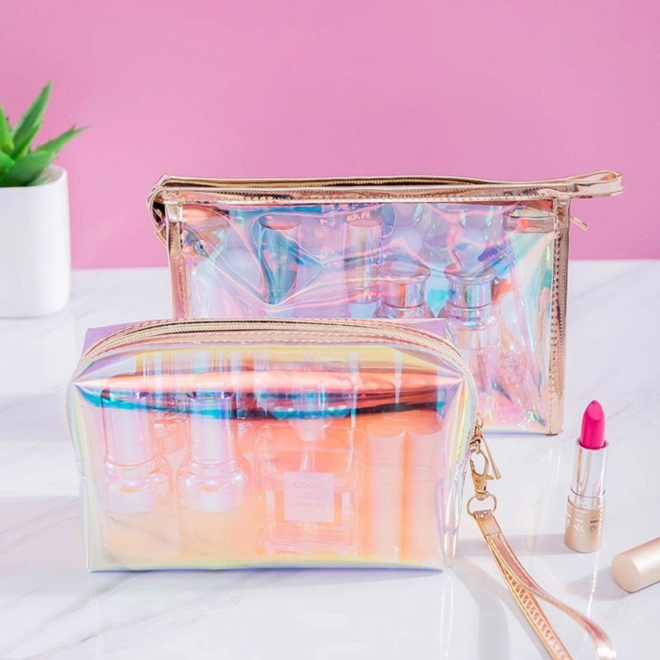 TS12 Dompet Makeup Tas Pouch Makeup Glitter Gold Hologram PVC Transparan Premium Tas kosmetik tahan air