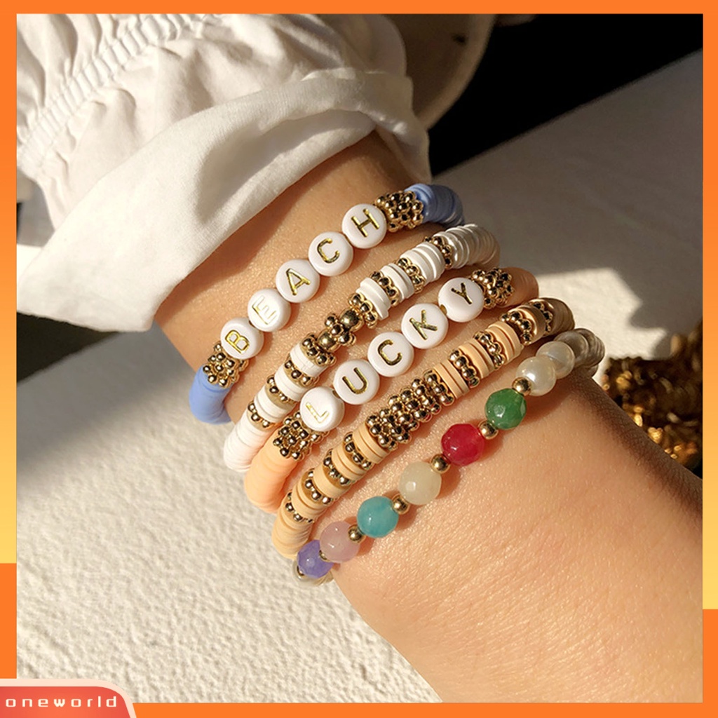 [EONE] Wanita Gelang Huruf Bahan Polymer Clay Elastis Indah Ringan Gelang Boho Untuk Pesta
