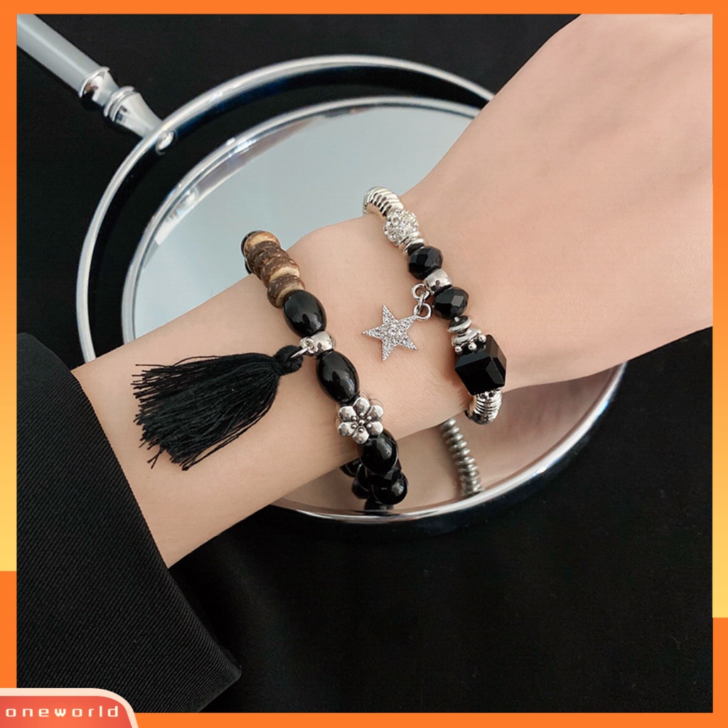 [EONE] 2pcs/set Gelang Pasangan Gaya Etnik Manik-Manik Elastis Berlian Imitasi Bintang Liontin Hadiah Elegan Adjustable Kristal Imitasi Jumbai Pria Gelang Fashion Perhiasan