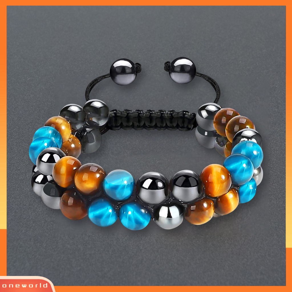 [EONE] Gelang Pria Dikepang Tali ic Double Layer Adjustable Serut Kepribadian Hias Tiger Eye Faux Rock Stone Pria Gelang Perhiasan Aksesori