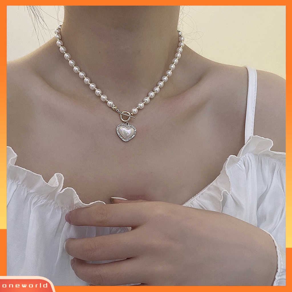 [EONE] Klavikula Kalung Elegan Jantung Shell Liontin Manik Manis Mengkilap Hias Hadiah Wanita Besar Putih Mutiara Imitasi Kalung Pesta Perhiasan