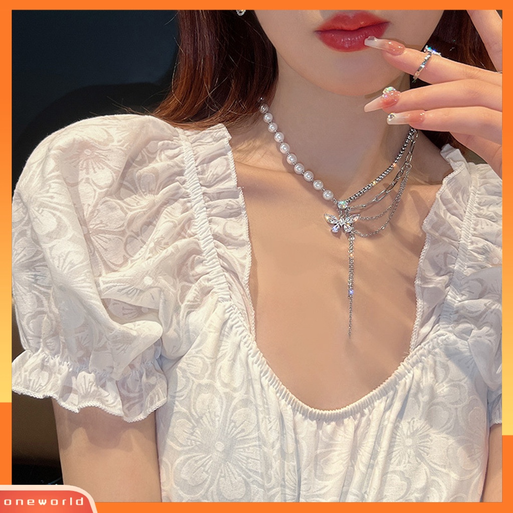 [EONE] Wanita Kalung Multi-Layer Mutiara Imitasi Link Rantai Splicing Berlian Imitasi Kupu-Kupu Jumbai Klavikula Kalung Jari Cincin Perhiasan Fashion