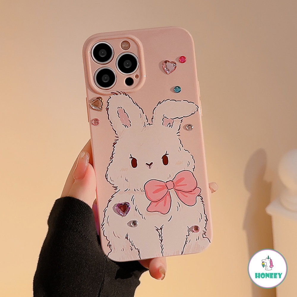 IPHONE Pink Berlian Imitasi Dasi Kupu-Kupu Kelinci DIY Phone Case Untuk Iphone14 13 12 11 Pro Max X XR XSMAX 78 14 Plus Case Kartun Lucu Gadis Manis Soft Cover