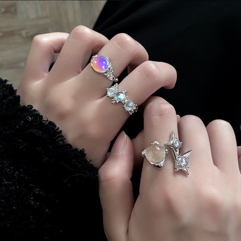 Y2k Moonstone Zircon Cincin Emas Perak Hati Berlian Rings Untuk Wanita Fashion Aksesoris Perhiasan