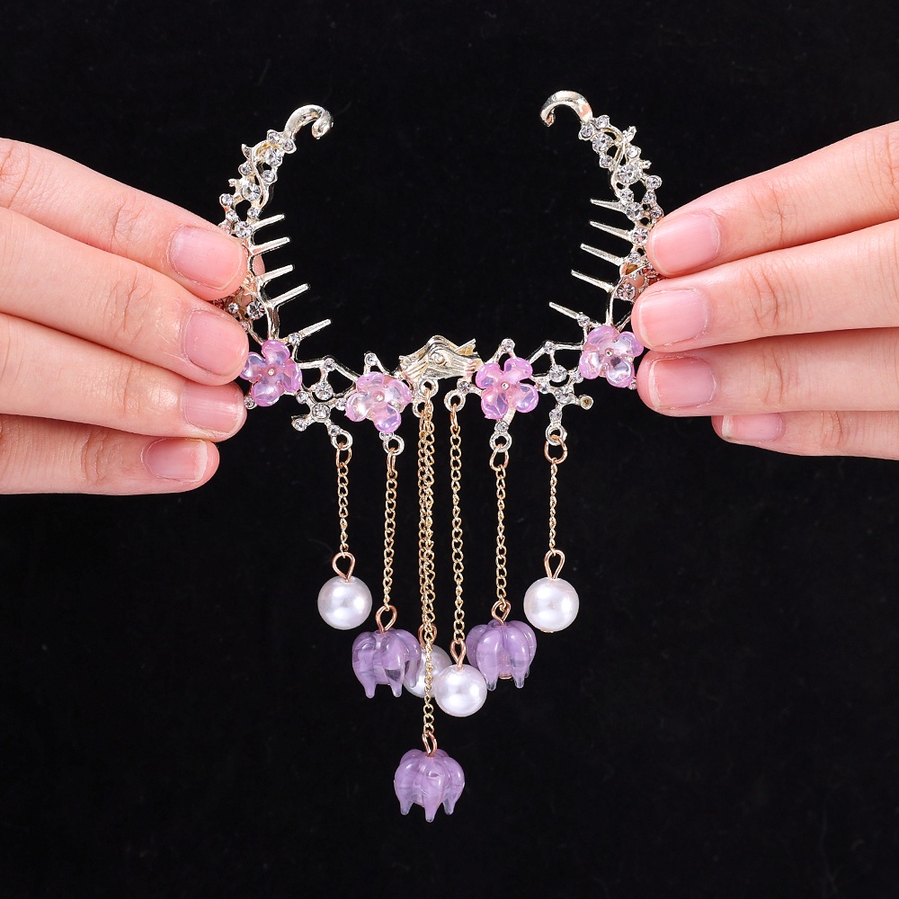 Amethyst Flower Tassel Balls Head Plate Hair Buckle Hair Clip/Bagian Belakang Kepala Bola Head Coil Hair Ponytail Buckle/Hiasan Kepala Pengantin Super Peri Elegan Aksesoris Rambut