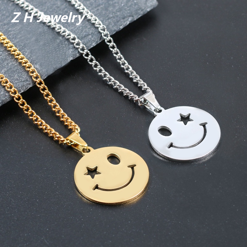 Z H Perhiasan Emas 18K 24K Gold S925 Perak Vintage Punk Bintang Mata Wajah Tersenyum Liontin Fashion Pria Dan Wanita Anti Karat Kalung Hip Hop Aksesoris Pesta