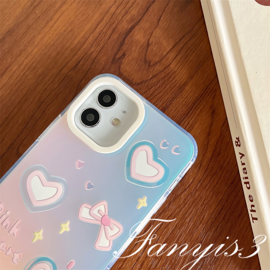 Compatible For IPhone 14 13 12 11 Pro Max X XR Xs Max 8 7 Plus SE 2020 Kompatibel Untuk Pink Love Heart Bow IMD Laser Gradient Phone Case TPU Lembut Shockproof Cover Pelindung