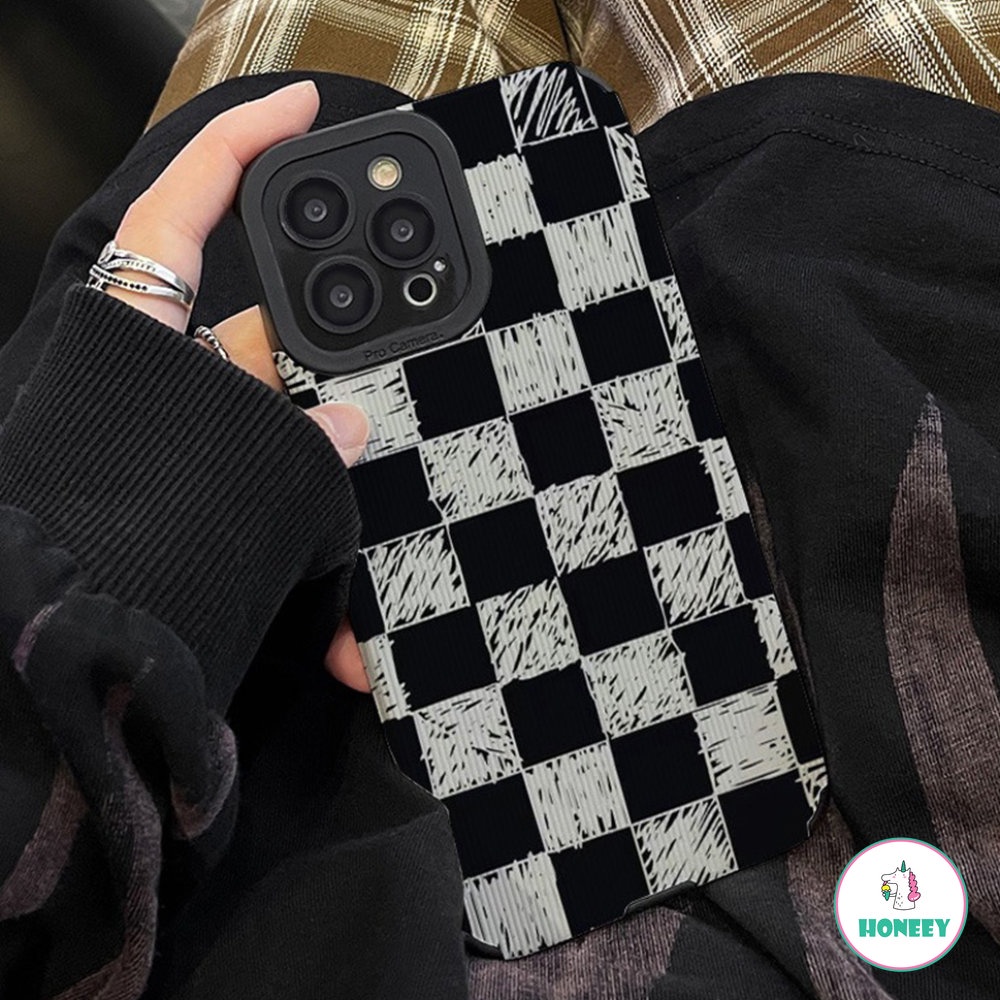 IPHONE Kain Kotak-Kotak Hitam Kain Fashion Phone Case Untuk Iphone14 13 12 11 Pro Max7 8 14 Plus X XR XSMAX Tweed Bingkai Silikon Shockproof Bumper Cover