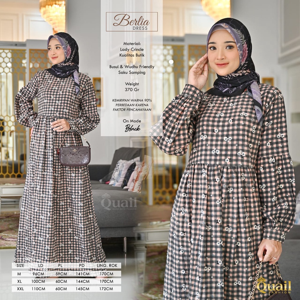 Berlia Dress Original Quail Hijab Wanita Lady Crinkle Kualitas Butik Busui dan Wudhu Frienly Bersaku