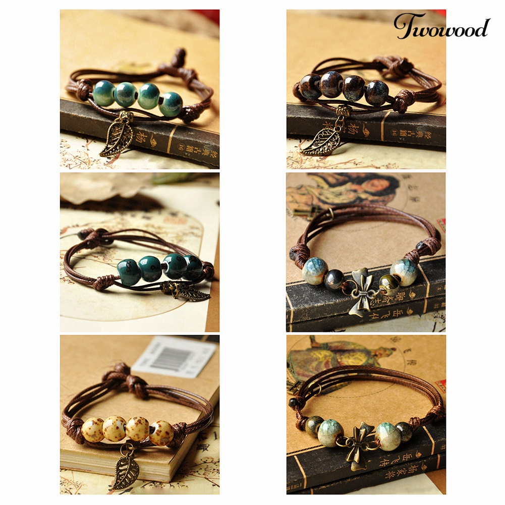 Twowood Unisex Hadiah Perhiasan Manik-Manik Keramik Liontin Multi-Layer Kepang Tali Gelang Bangle