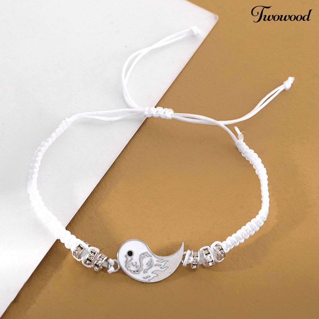 Twowood Adjustable Circle Decor Gaya Etnik Gelang Pasangan Motif Retro Tai Chi Pendant Woven Bracelet Untuk Hari Valentine