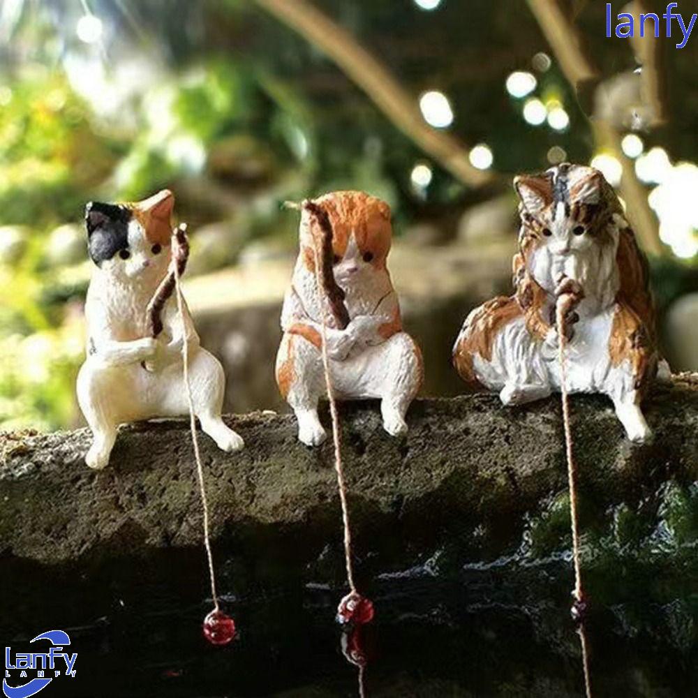 Lanfy Patung Kucing Serbaguna Kucing Memancing Lanskap Mikro Bonsai Kerajinan Tangan Craft Aquarium Tanks Decor Mudah Digunakan Ornamen Tangki Ikan