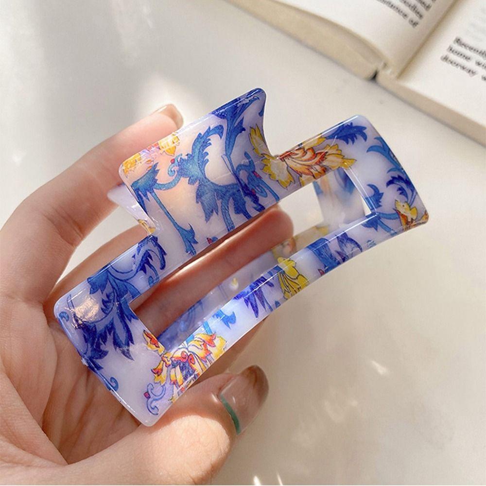 AUGUSTINA Klip Hiu Simple Elegan Cakar Rambut Gaya Korea Bentuk Geometris Biru Dan Putih Klip Grab Besar Untuk Hiasan Kepala Wanita