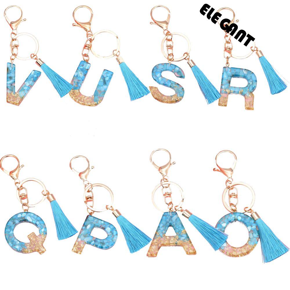 [Elegan] 26huruf Gantungan Kunci Resin Fashion Aksesoris Biru Rumbai Liontin Ornamen Kristal Alfabet Key Chain