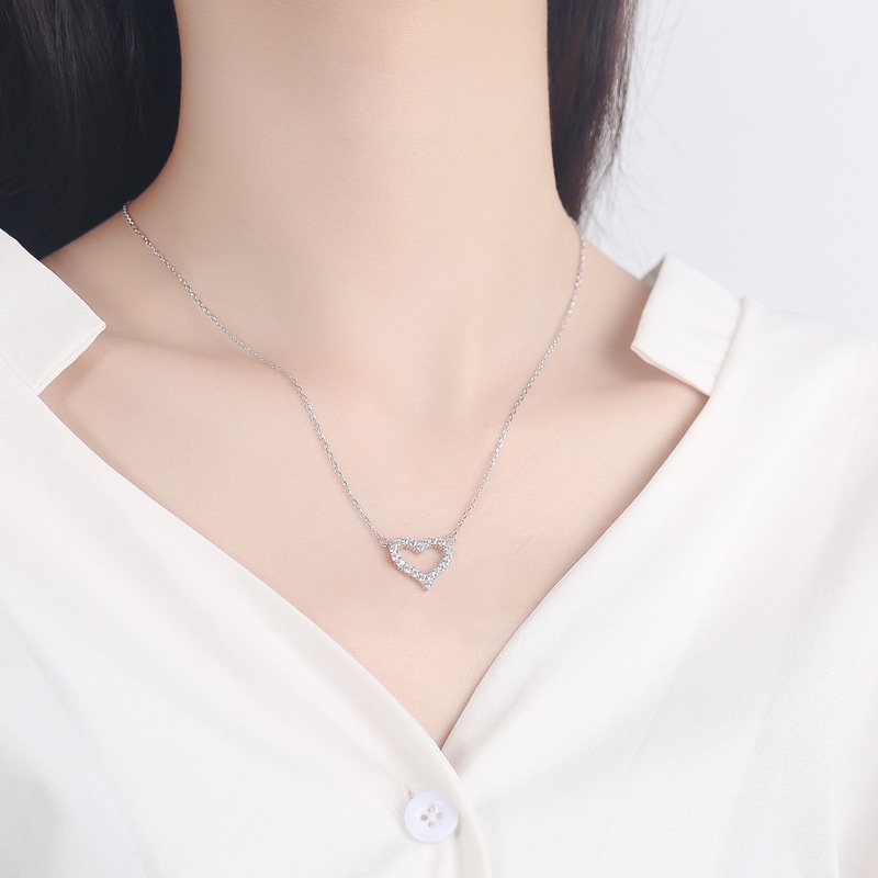 Kalung Rantai Perak Zirkon Elegan Untuk Wanita Fashion Liontin Hati Necklace Perhiasan Aksesoris