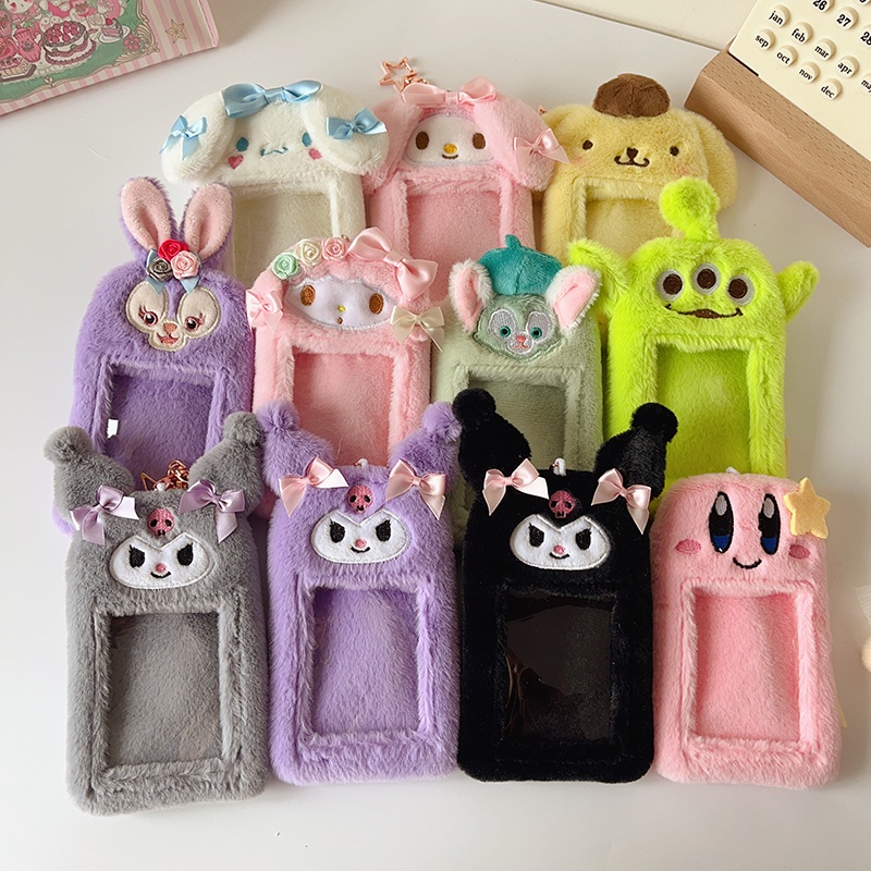 Sanrio Kuromi Plush Photocard Holder 3inch Kartun Bus Card Bag Untuk idol Photo Card Pelindung Case Dengan Gantungan Kunci