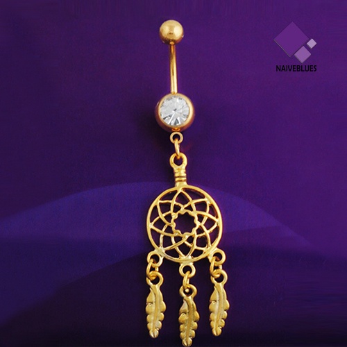 &lt; Naiveblues &gt; Nada Emas Daun Liontin Pusar Barbel Berlian Imitasi Tindik Kancing Cincin