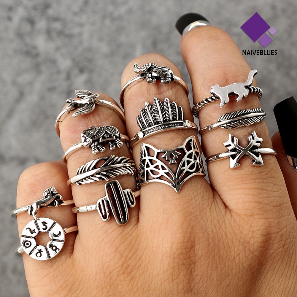 &lt; Naiveblues &gt; 12Pcs/Set Cincin Desain Gajah Rubah Daun Lady Vintage Knuckle Stacking Ring