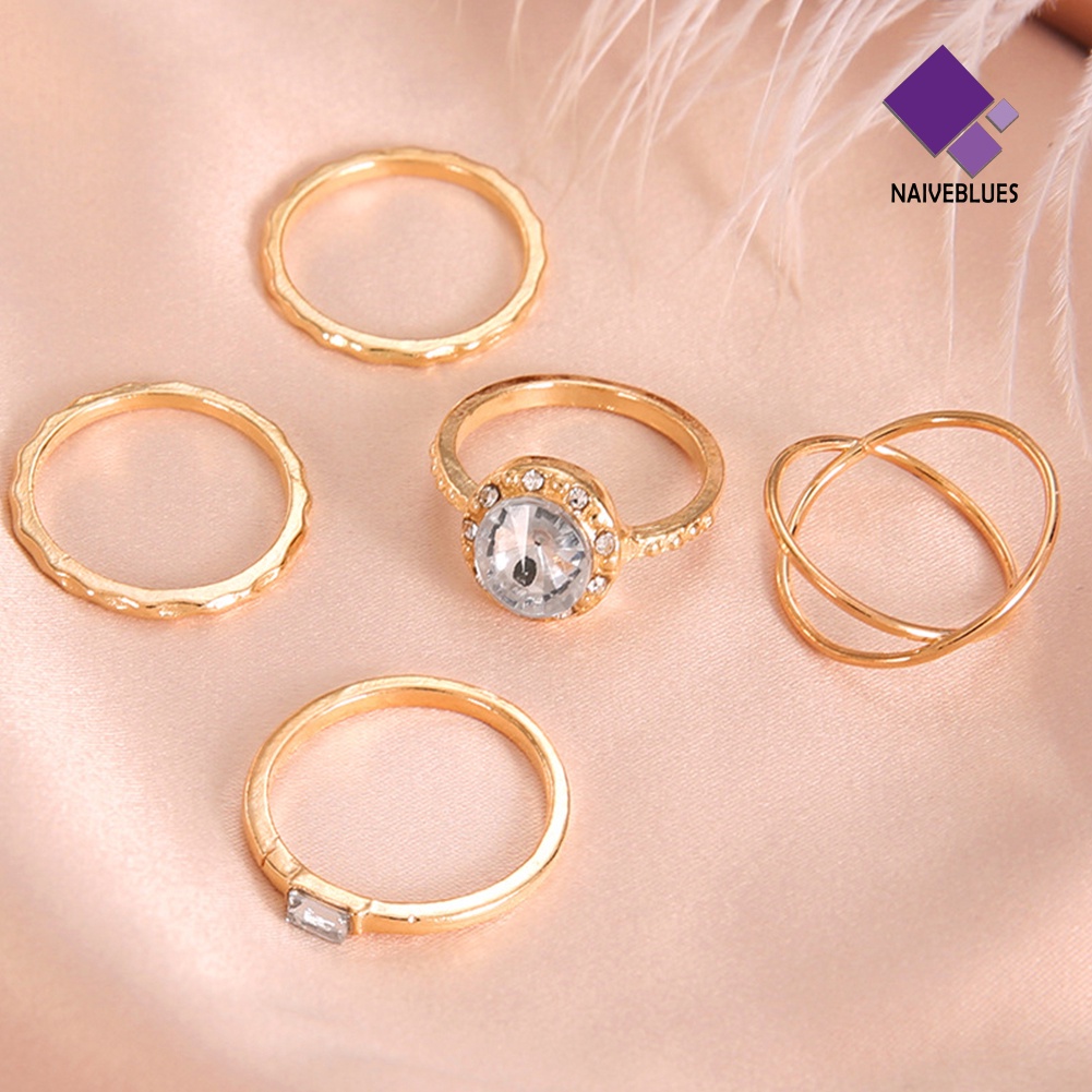 &lt; Naiveblues &gt; 5Pcs/Set Fashion Wanita Salib Bulat Cubic Zirconia Jari Cincin Perhiasan