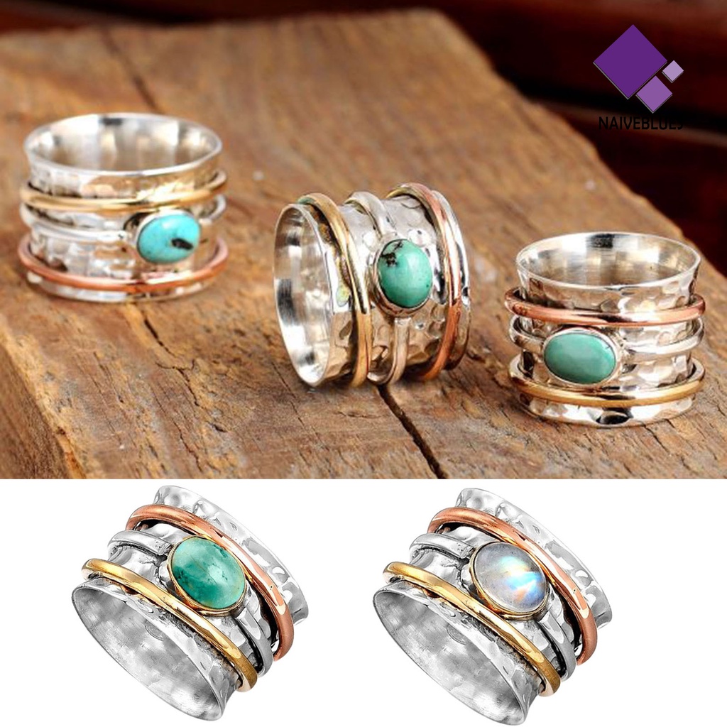 &lt; Naiveblues &gt; Cincin Pria Bohemian Vintage Hias Turquoises Jari Tiga Warna Untuk Pacaran