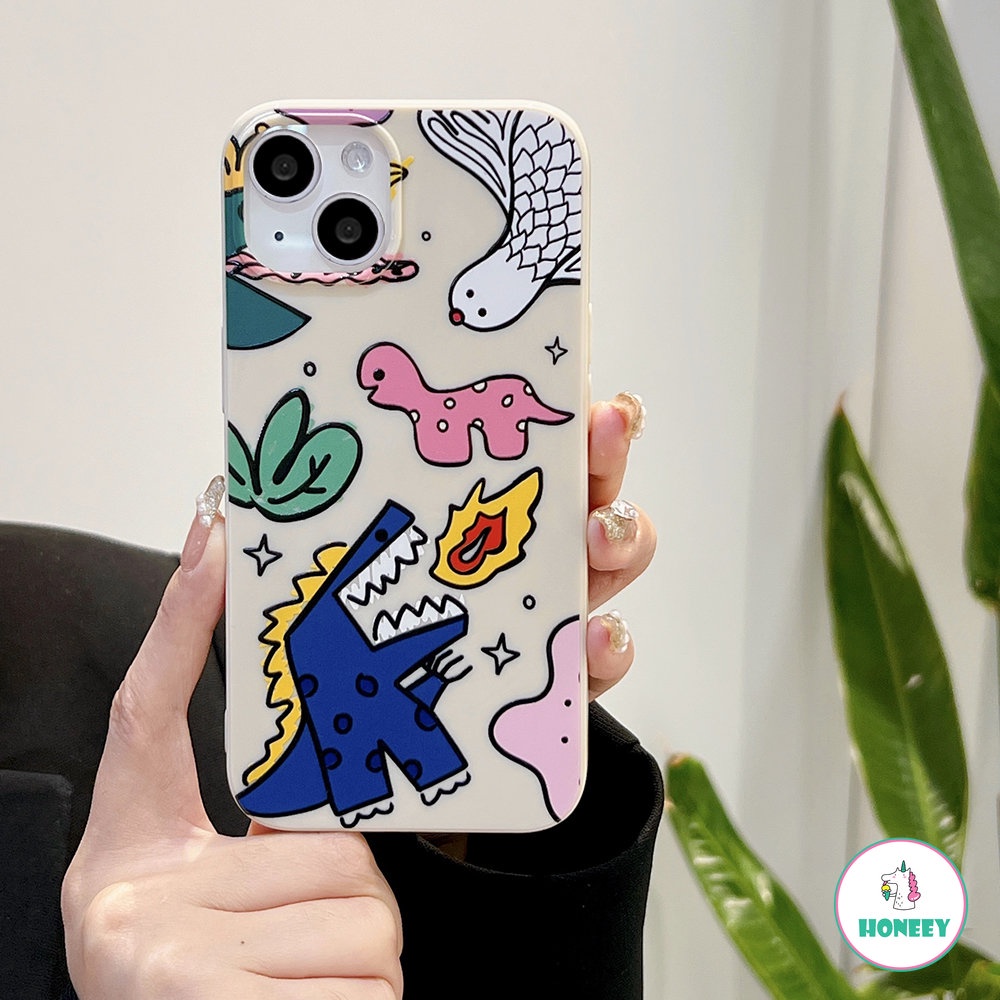 IPHONE Casing Ponsel Dinosaurus Hewan Lucu Untuk Iphone13 12 11 14 Pro Max XR Xs7 8 Plus Fashion Graffiti Silikon Penutup Belakang