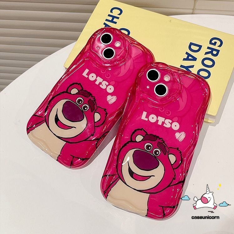 IPHONE Casing Ponsel Tepi Melengkung Bergelombang Kreatif 3D Kompatibel Untuk Iphone11 14 12 13 Pro Max XR X7 8 6s 6 Plus XS Max SE 2020 Kartun Beruang Strawberry Lucu Manyo Shockproof Soft Glossy Cover