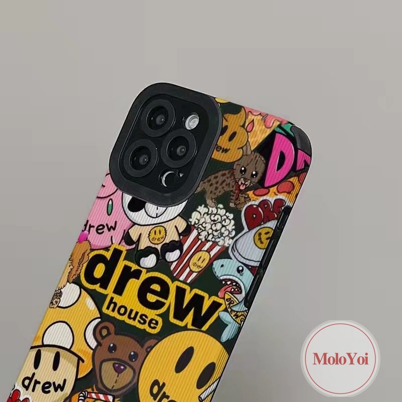 Mewah Tekstur Kulit Lembut Tpu Shockproof Phone Case Kompatibel Untuk IPhone XR XS X Max 7Plus 11 14 13 12 Pro Max7 8 Plus 11 Pro Max Trendi Merek Drew House Kartun Smile Cover