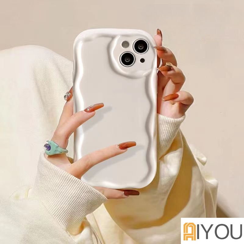 Fashion Sederhana Cat Air Gelombang Bingkai Bantal Ponsel Case Kompatibel Untuk iPhone 14 Pro Max11 12 13 7plus XR X XS Max7 8 Plus SE 2020 Halus Glossy Bergelombang Tepi Shockproof Soft Case