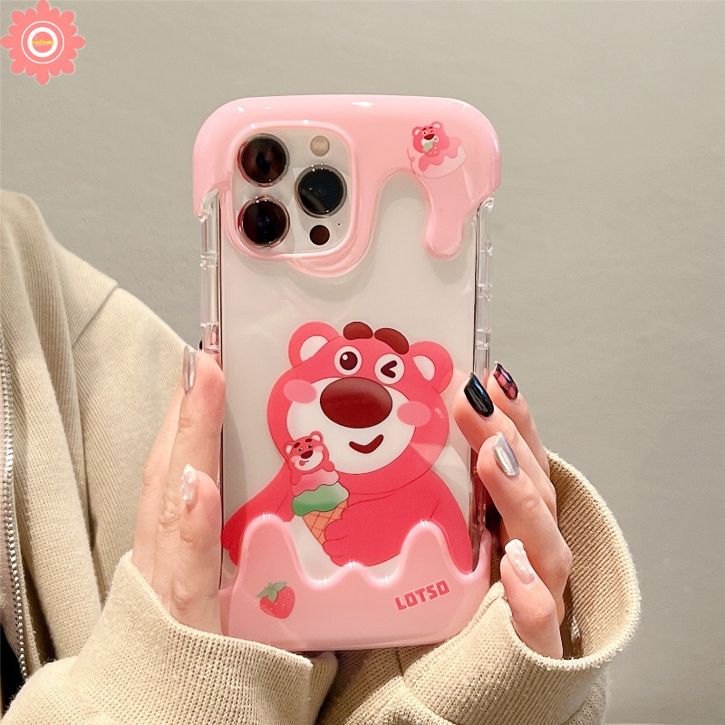 3d Ice Cream Cute Strawberry Bear Case Kompatibel Untuk IPhone 7Plus 8Plus 11 14 13 12 Pro Max XR 7 8 Plus X XS Max SE 2020 Kartun Winnie the Pooh Shockproof Airbag Soft Cover