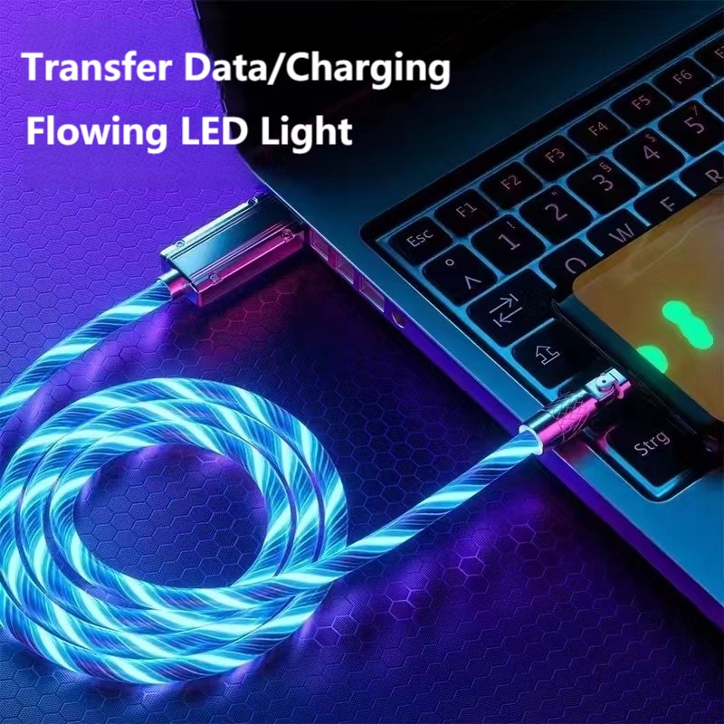 120w 3A Kabel Putar Pengisian Cepat Glow Flowing Cord Lampu LED USB c Streamer Light LED USB c Cord Fast Charging Cable Type-c Micro USB 1M Untuk iPhone Android