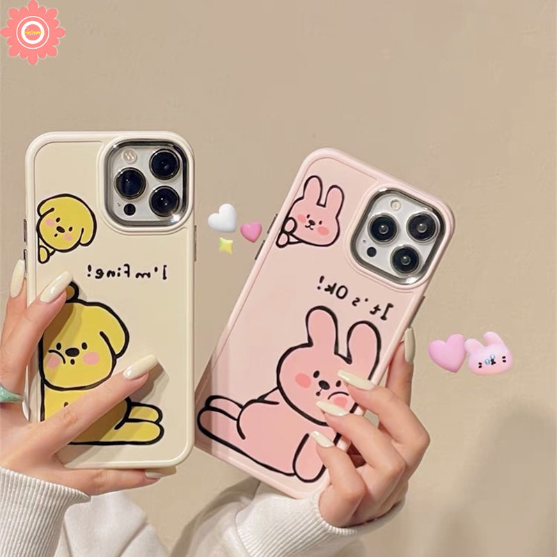 IPHONE Pasangan Kartun Lukisan Cat Minyak Anjing Lucu Robbit Phone Case Kompatibel Untuk Iphone11 12 13 14 Pro Max7 8 Plus 7plus X XR 8plus XS MAX Plating Bingkai Lensa Logam Soft Cover