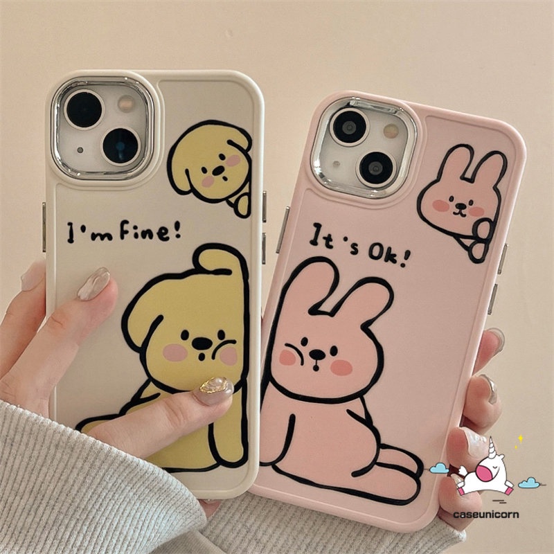 IPHONE Lovers Phone Case Kompatibel Untuk Iphone14 11 12 13 Pro Max7 8 Plus XR X XS MAX Kartun Lucu Lukisan Cat Minyak Cute Dog Rabbit Lembut Mewah Plating Metal Frame Lensa Pasangan Cover