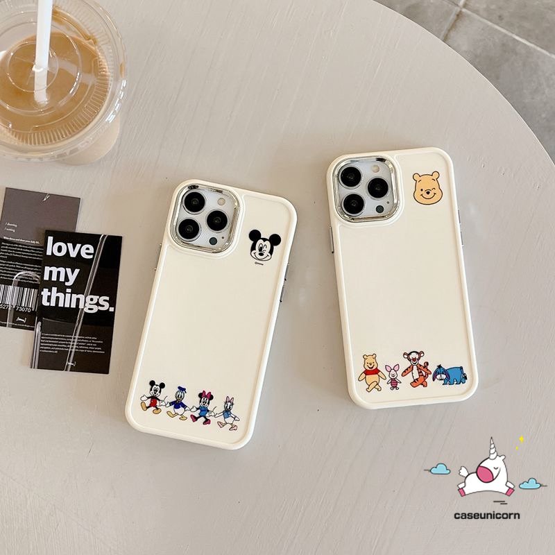 IPHONE Casing Frame Lensa Logam Plating Mewah Kompatibel Untuk Iphone14 11 12 13 Pro MAX X XR 7 8 Plus XS MAX Pasangan Caroon Lucu Disney Mickey Minnie Mouse Winnie The Pooh Bear Soft Cover