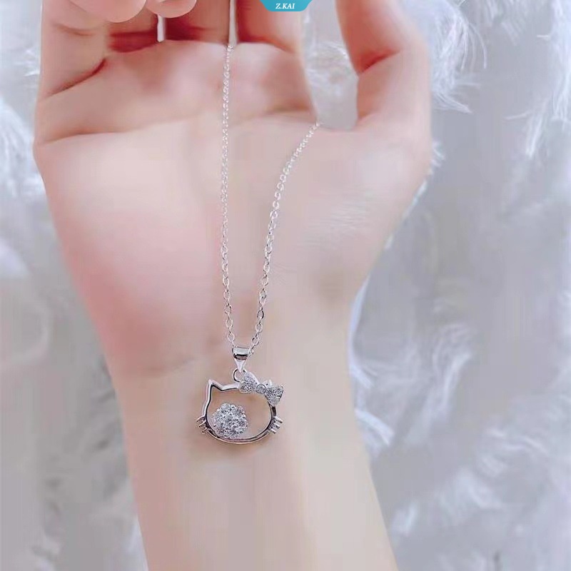 Sanrio Kalung Hello Kitty Kawaii Lucu Kartun Klavikula Rantai Kucing Dan Berlian Cincin Liontin Sterling Silver Gadis Manis Hadiah Ulang Tahun [ZK]